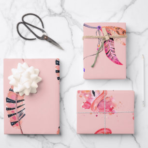 Flamingo- und Federn-Packpapier, Set von 3 Geschenkpapier Set
