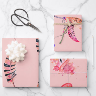 Flamingo- und Federn-Packpapier, Set von 3 Geschenkpapier Set