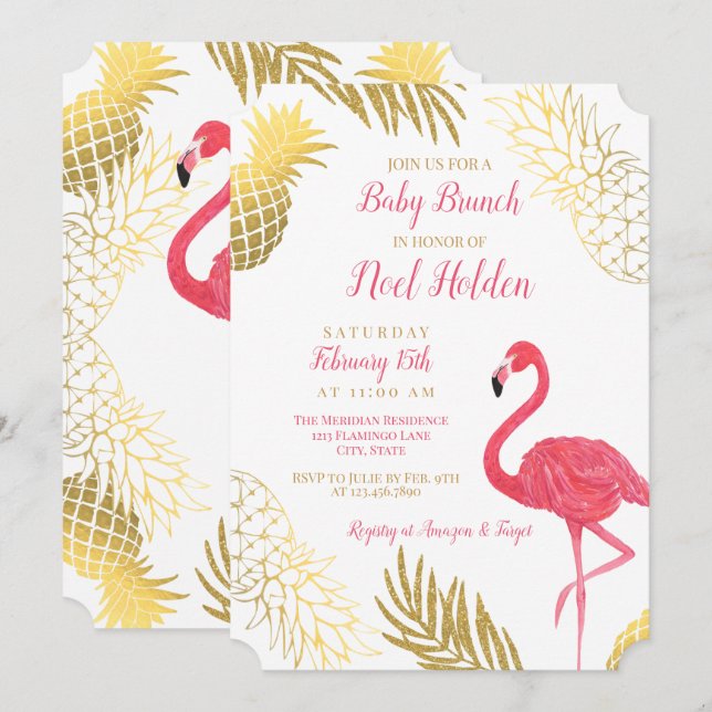 Flamingo und Gold Ananas Baby Brunch Dusche Einladung (Vorne/Hinten)
