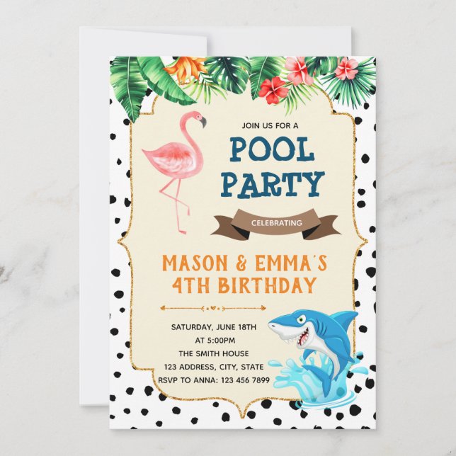 Flamingo und Hai-Party Einladung (Vorderseite)
