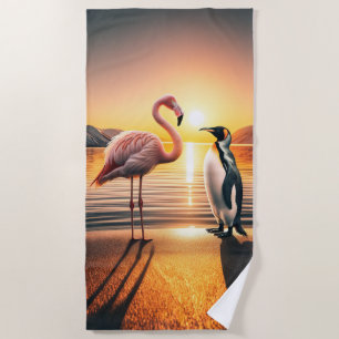 Flamingo und Penguin Sunset Encounter Strandtuch