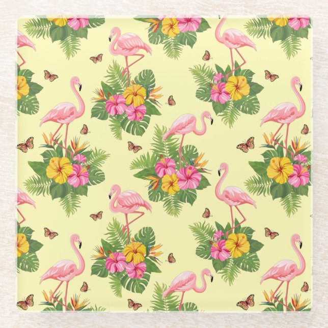 Flamingo und Schmetterlinge 2 Glasuntersetzer (Vorderseite)