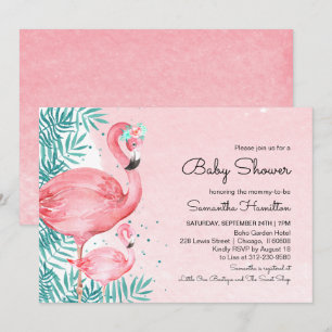 Flamingo- und tropische Blätter-Aquarell-Baby-Part Einladung