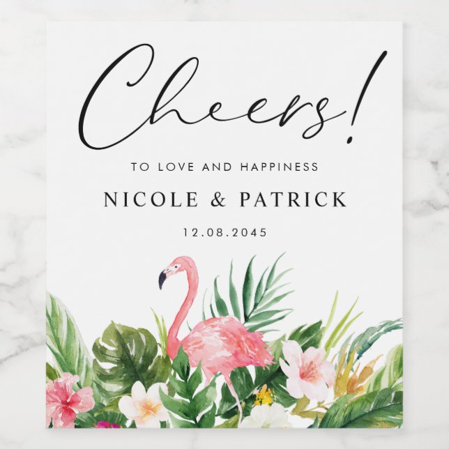 Flamingo und tropische Blume Sommerhochzeit Weinetikett (Einzelnes Label)
