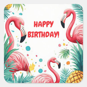 🦩 Flamingo und tropische Blumen Sommer Rahmen 🍍 Quadratischer Aufkleber