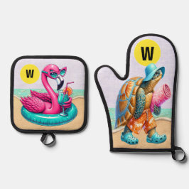 Flamingo und Turtle Fun Ofenhandschuh & Topflappen-Set