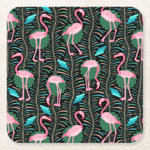 Flamingo-Vögel 20er Jahre Deco-Farne Muster Schwar Rechteckiger Pappuntersetzer