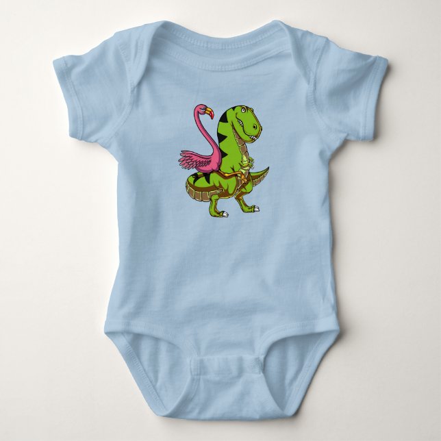 Flamingo-Vogel, der T-Rex Dinosaurier reitet Baby Strampler (Vorderseite)