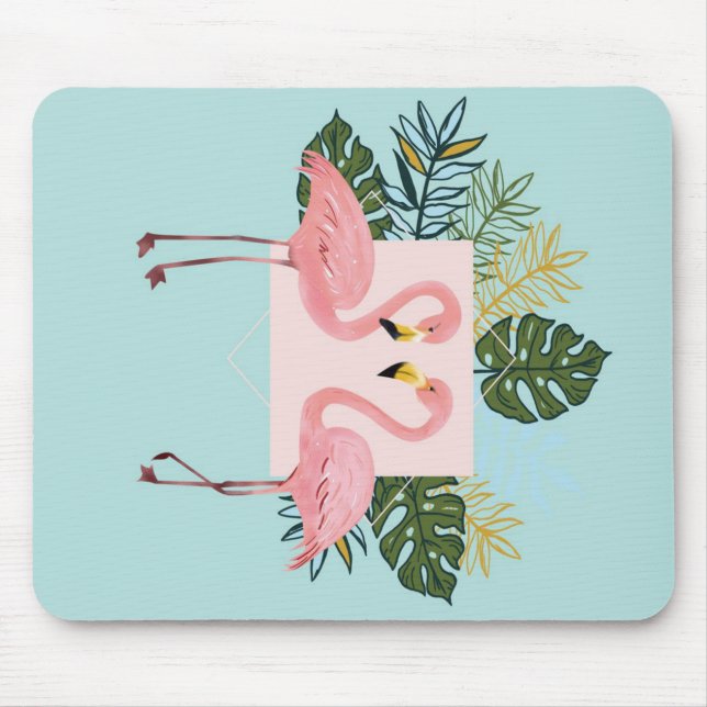 Flamingo-Vögel mit Blätter | Flamingo Palm - Blätt Mousepad (Vorne)