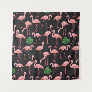 Flamingo-Vogel mit Monstera-Palm-Blätter Muster. Wandteppich