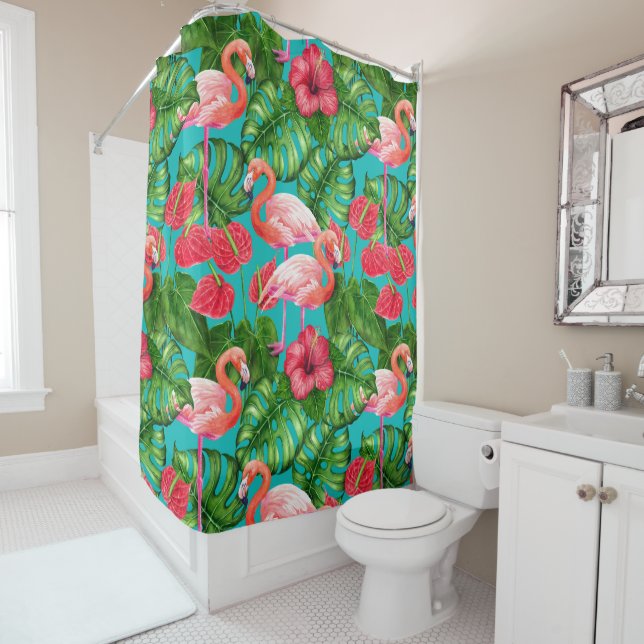Flamingo-Vögel und tropische Gartenfarbe Duschvorhang (Beispiel)