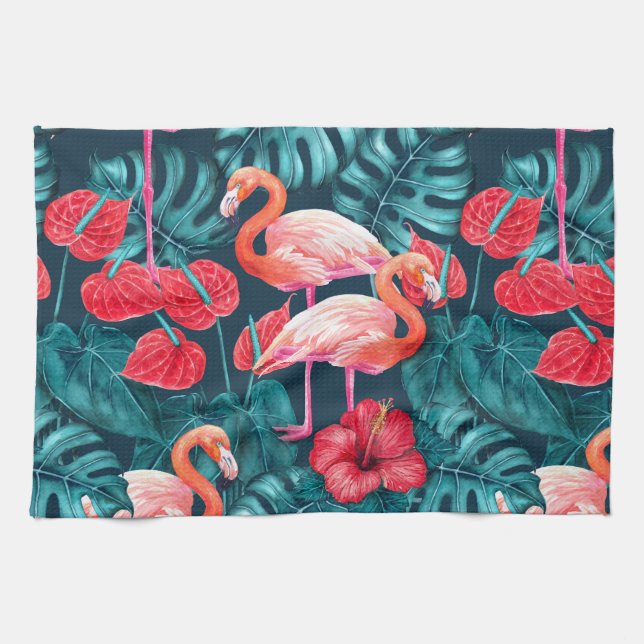 Flamingo-Vögel und tropische Gartenfarbe Geschirrtuch (Horizontal)