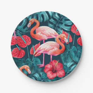 Flamingo-Vögel und tropische Gartenfarbe Pappteller