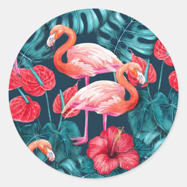 Flamingo-Vögel und tropische Gartenfarbe Runder Aufkleber (Vorderseite)