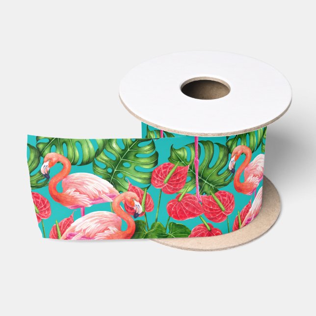 Flamingo-Vögel und tropische Gartenfarbe Satinband (Spule)