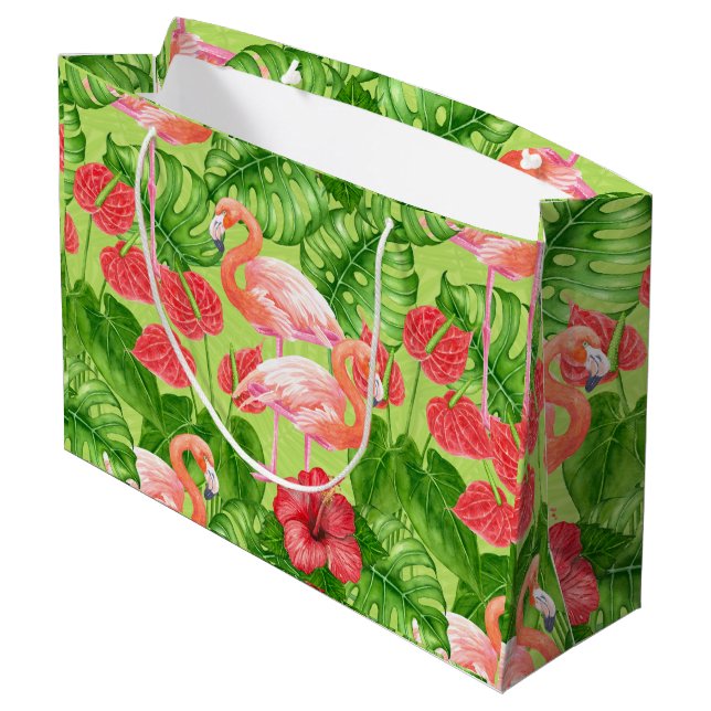 Flamingo-Vögel und tropische Pflanze Große Geschenktüte (Rückseite Schrägansicht)