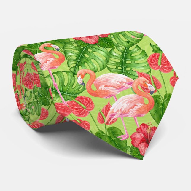 Flamingo-Vögel und tropische Pflanze Krawatte (Gerollt)
