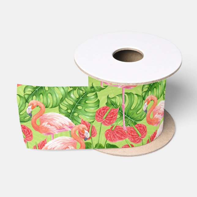 Flamingo-Vögel und tropische Pflanze Satinband (Spule)