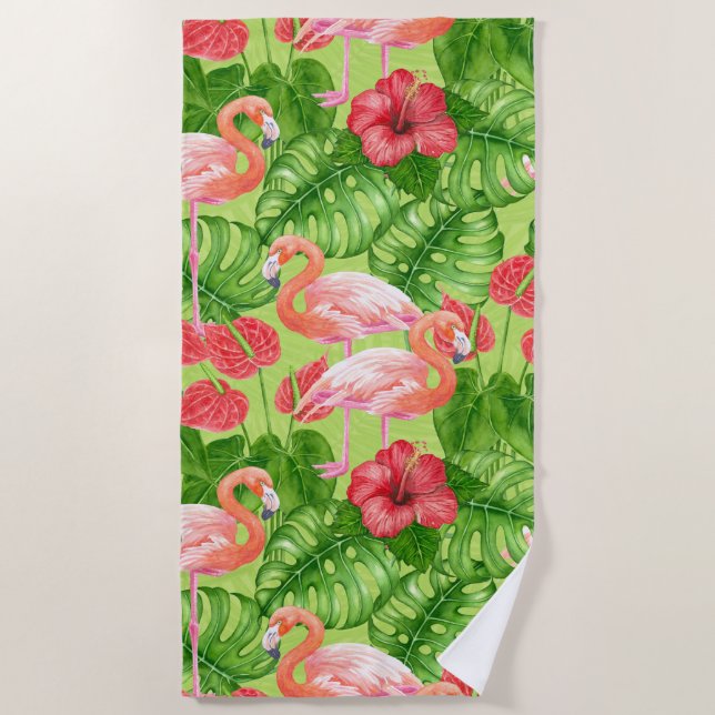Flamingo-Vögel und tropische Pflanze Strandtuch (Vorderseite)