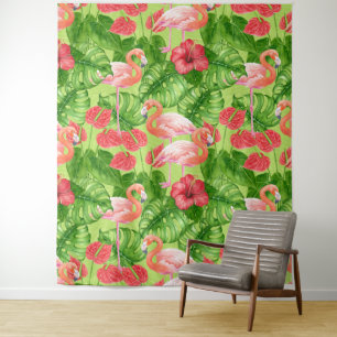 Flamingo-Vögel und tropische Pflanze Wandteppich