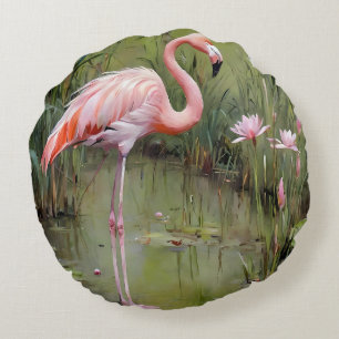 Flamingo Water Lilies and Reeds Oil Painting, Rundes Kissen