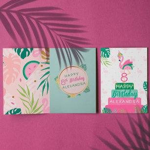 Flamingo & Watermelon Tropical Birthday Cake Card Karte