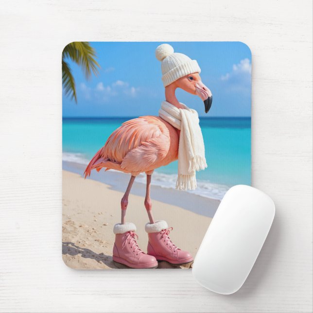 Flamingo Wearing Winter Scarf and Boots Mousepad (Mit Mouse)