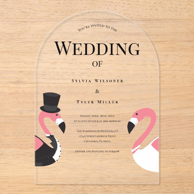 Flamingo Wedding Acryleinladungen (Vorderseite)