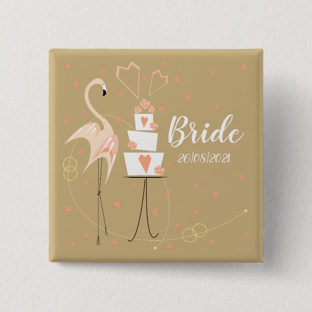 Flamingo Wedding Bride Date Square Button (Vorderseite)