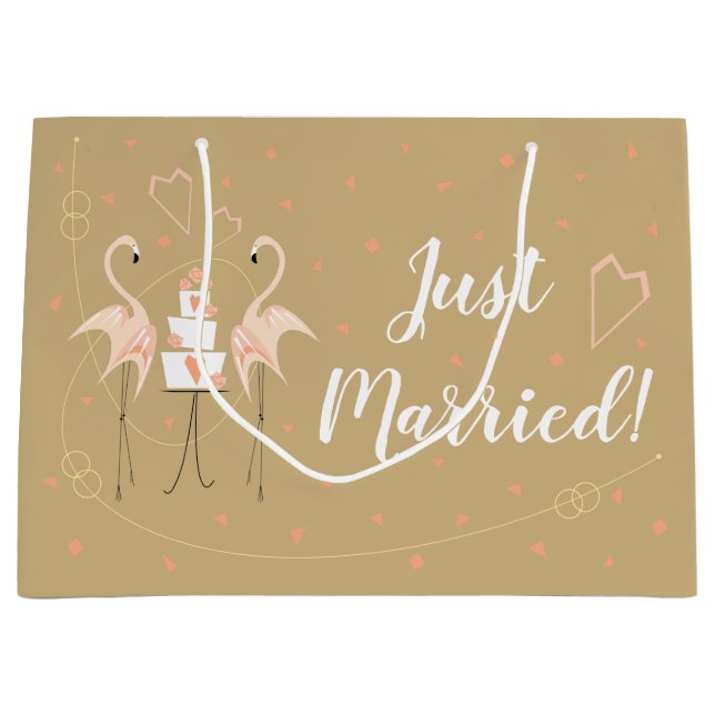 Flamingo Wedding Just Married! Große Geschenktüte (Vorderseite)