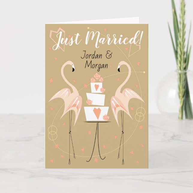 Flamingo Wedding Just Married Names Text Karte (Vorderseite)