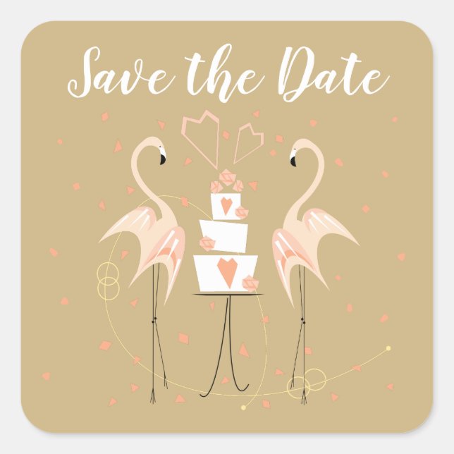 Flamingo Wedding Save the Date Square Stic Quadratischer Aufkleber (Vorderseite)