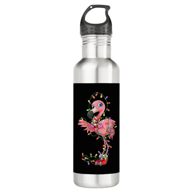 Flamingo Weihnachtsgeschenk Xmas Lichter Pink Nied Edelstahlflasche (Vorderseite)
