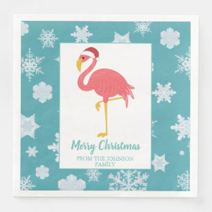 Flamingo-Weihnachtsschneeflocke-blaue tropische Serviette