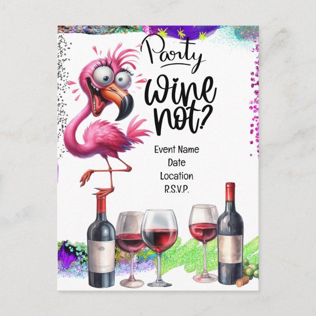 Flamingo Wine Lover Geburtstagsparty Ankündigungspostkarte (Vorderseite)