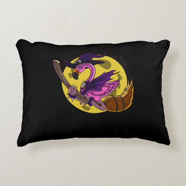 Flamingo Witch Riding Broom Magisches Halloween Dekokissen (Vorderseite)