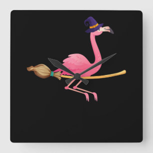 Flamingo Womens Funny Flamingo Witch Halloween Quadratische Wanduhr