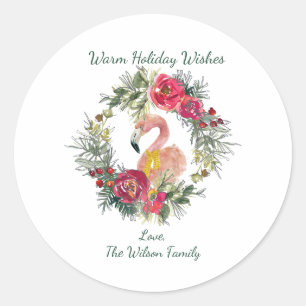 Flamingo Wreath Warm Holiday Wünsche Custom Runder Aufkleber