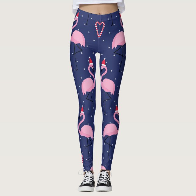 Flamingo Xmas Hat Candy Pattern Leggings (Vorderseite)