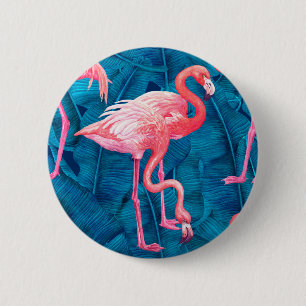 Flamingos auf blauen Bananen-Blätter Button