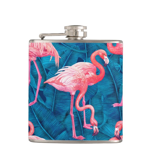 Flamingos auf blauen Bananen-Blätter Flachmann (Vorderseite)