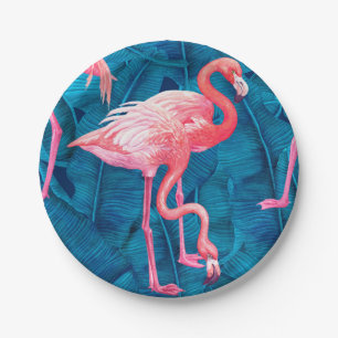 Flamingos auf blauen Bananen-Blätter Pappteller
