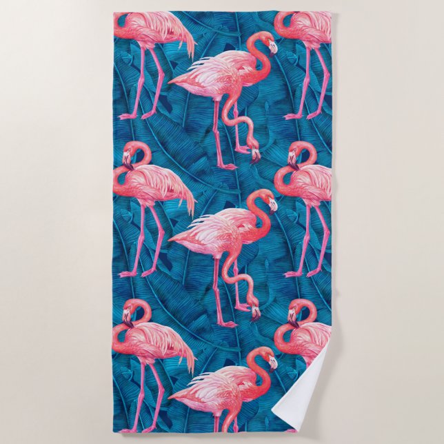 Flamingos auf blauen Bananen-Blätter Strandtuch (Vorderseite)