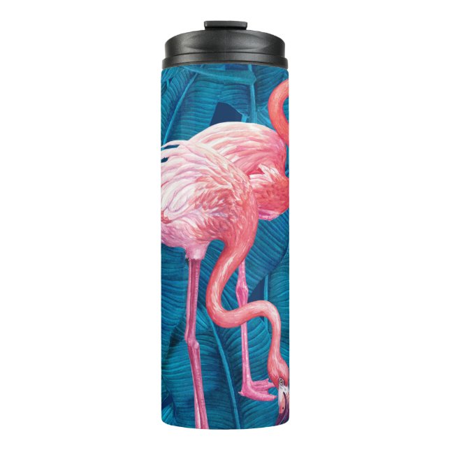 Flamingos auf blauen Bananen-Blätter Thermosbecher (Vorderseite)