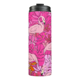 Flamingos auf einem Hintergrund aus tropischen Blä Thermosbecher