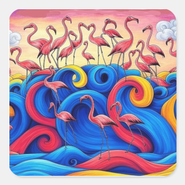 Flamingos auf See, Aufkleber 2,5x2,5 cm, Bogen mit (Vorderseite)