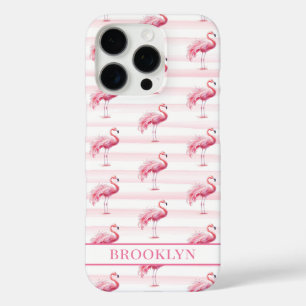 Flamingos auf Wasserfarben-Streifen monogrammiert iPhone 16 Pro Hülle