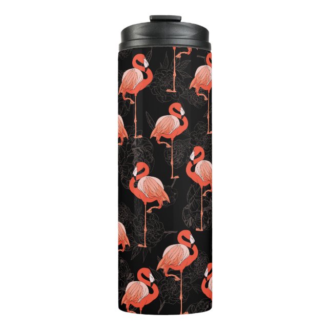Flamingos Birds: Vintages Textildesign Thermosbecher (Vorderseite)
