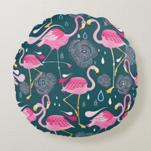 Flamingos Blume: Dunkle Grafik nahtlos. Rundes Kissen