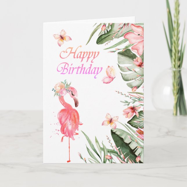 Flamingos Butterflies Tropische Blätter Geburtstag Karte (Vorderseite)